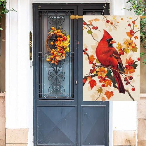 Louise Maelys Fall Cardinal Garden Flag Maple Bird 28x40 Inch Double Sided Welcome Seasonal Autumn Large Burlap Thaksgiving Holiday Yard Sign Outside Outdoor House Decoration
