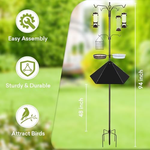 YINGYM 6-Hook Bird Feeding Station with 19" Metal Squirrel Baffle, 94 Inch
