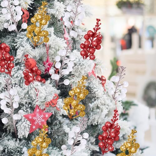 Geosar 36 Pcs Christmas Glittered Berries Stems, Red, White, Gold