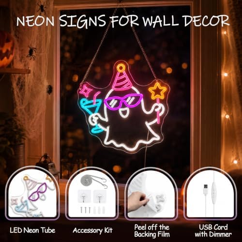Party Ghost Halloween Neon Sign, Dimmable LED Neon Sign for Halloween Party