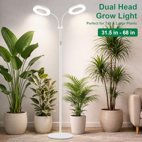 LBW Dual Head Grow Light with Stand for Indoor Plants, Full Spectrum Grow Light for Multiple Tall Plants, Adjustable Height up to 68", Auto Cycle Timer 6/8/12/16H, 5-Level Dimmable, 3 Lighting Modes