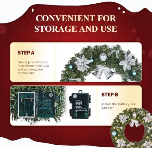 VINGLI 24 Inch Pre Lit Christmas Wreath with 50 LED Light, Battery Operated