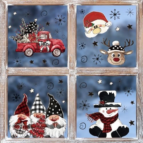 Horaldaily 50 PCS Christmas Window Cling Sticker, Red Xmas Santa Claus Truck Snowman Deer Trees for Home Party Supplies Shop Window Glass Display Decoration