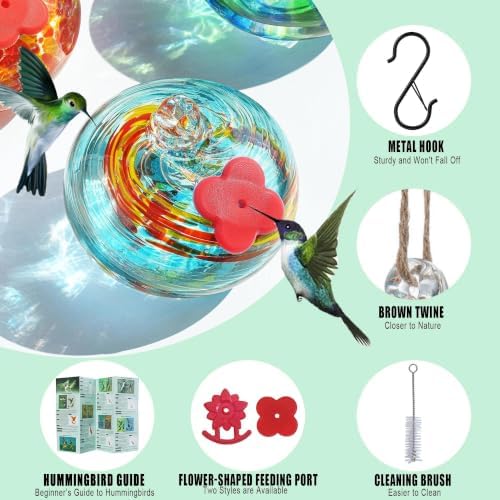 QFkris Blown Glass Hummingbird Feeder for Outdoors Hanging