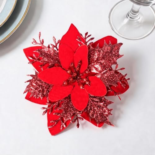 15PCS Artificial Christmas Poinsettia Flowers with Clips and Stems, 5.5 Inch Glitter Red Xmas Tree Decorations, Holiday Poinsettia Picks Ornaments for Christmas Tree, Wreaths, Garlands & Home