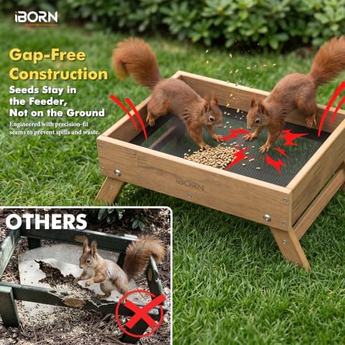 iBorn Ground Bird Feeder, Bird & Squirrel Platform Feeder for Outdoors, WPC Recycled Plastic, 3LB Large Capacity, Raw