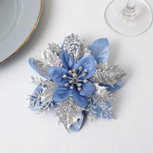 15PCS Artificial Christmas Poinsettia Flowers with Clips and Stems, 5.5 Inch Glitter Blue Xmas Tree Decorations, Holiday Poinsettia Picks Ornaments for Christmas Tree, Wreaths, Garlands & Home