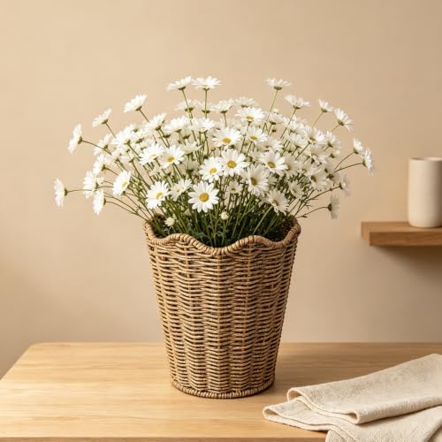 Rattan Planter, Woven Planter Basket for Plants Indoor Outdoor, Rattan Flower Pot, Decorative Plant Holder Basket for Garden Patio Boho Home Decor (Brown&with Base-8.66" H x 7.48" W)