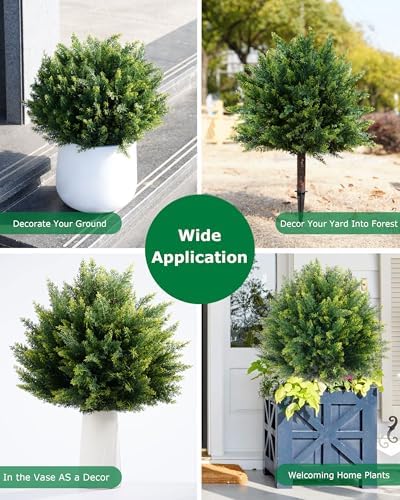 27.6'' Artificial Cedar Topiary Trees with Spikes, Set of 2 Fake Pine Shrubs Bushes Plants UV Resistant Evergreen Faux Cypress Tree for Planter Front Porch Outdoor Spring Decor Pot Fillers