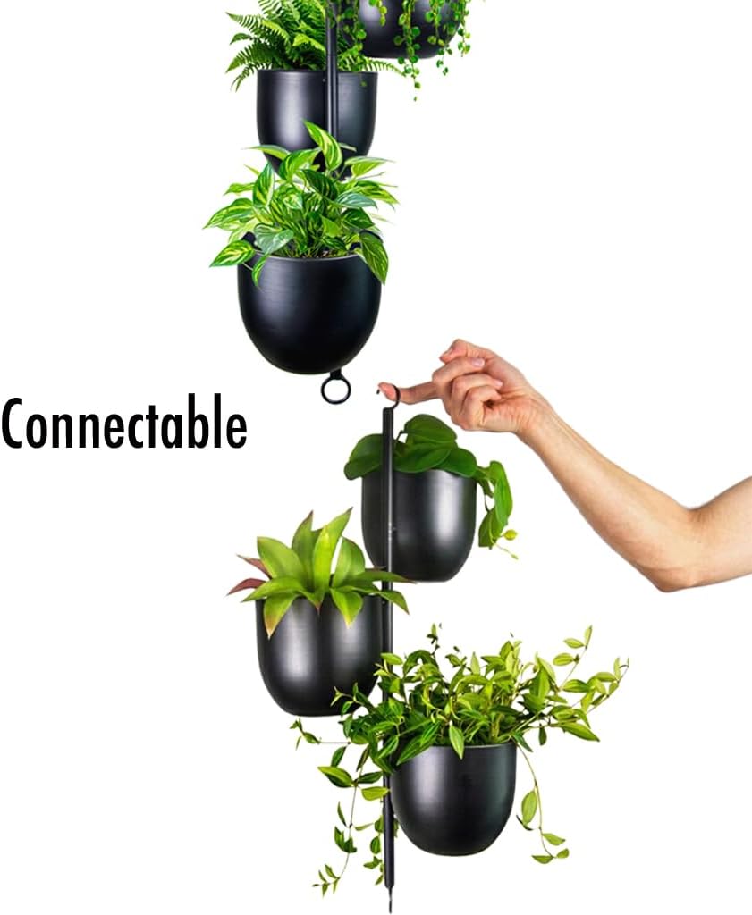 3-Tier Metal Hanging Planter with 6 Inch Oval Pots - Black Modern Triple Tiered Plant Hanger - Vertical Stackable Wall