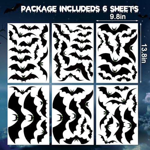 6 Sheets Halloween Window Clings Large Scary Bats Silhouette Window Decals Black Bats with Glow Eyes Windows Stickers Double Sided Windows Decoration for Home School Office Glass Halloween Party Decor