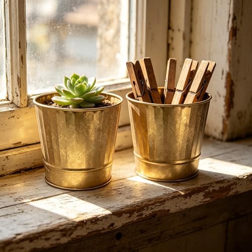 Hosley Metal Planters Pack of 2, Ideal Farmhouse Decor for Floral Arrangements Weddings, Gift Special Events Parties Outdoor Planters Gold 5" Dia x 4.8" H