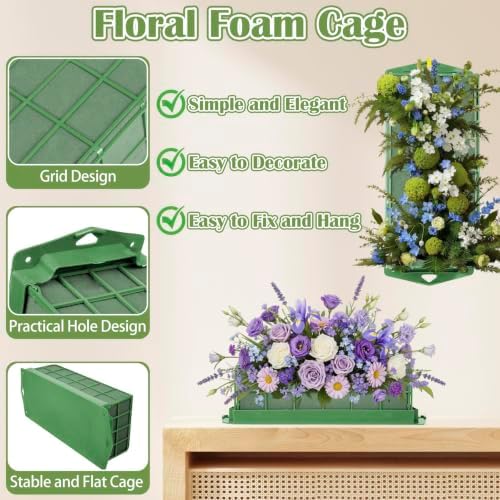 3PCS Floral Foam Cage, Flower Cage Holder, Dry and Wet Rectangle Flower Arrangement, Hangable Green Blocks Floral Foam Cages for Artificial Flesh Flower Wedding Holiday, Home, Garden Party Decoration