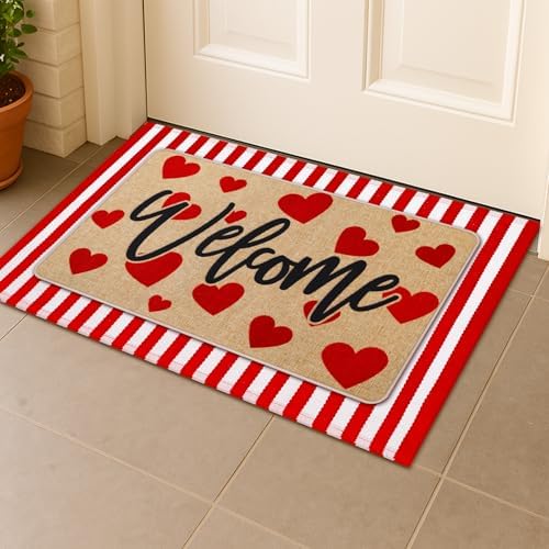 Tinideya 2 Pcs Valentine's Day Doormats Welcome Outdoor Red Heart Door Mats Layered Front Door Rugs Non Slip Floor Mats for Porch Entryway Outdoor