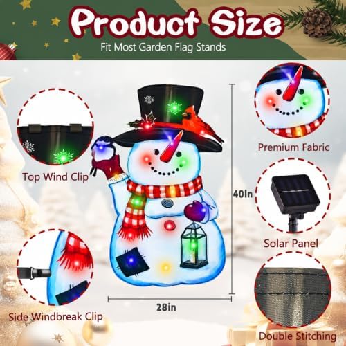 28x40 Lighted Christmas Snowman Garden Flag, 8 Modes Solar LED