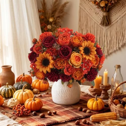 8 Pcs Mixed Autumn Artificial Peony Flower Set-4 Bouquets & 4 Stems, Burnt Orange Wine Red Fake Peony Sunflower Silk Flower for Fall Table Centerpiece Farm Wedding Thanksgiving Halloween Home Decor
