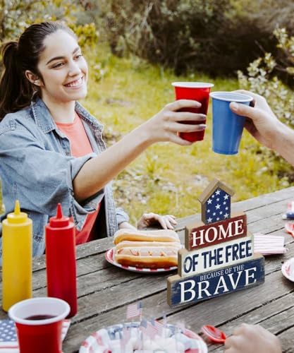 Putuo Decor Fourth of July Table Decorations -Home of The Free Because of The Brave, Wooden Patriotic Desk Decor Sign, Freestanding Centerpiece for Home Office Memories Day Party Supplies