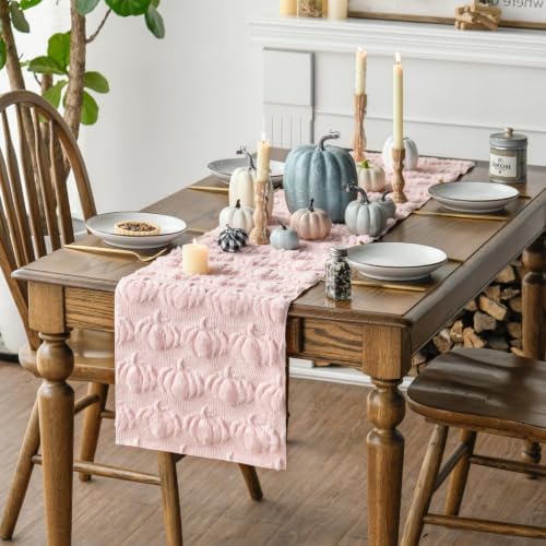 Artoid Mode Pink Soft Faux Fur Pumpkins Fall Table Runner 13x36 Inch