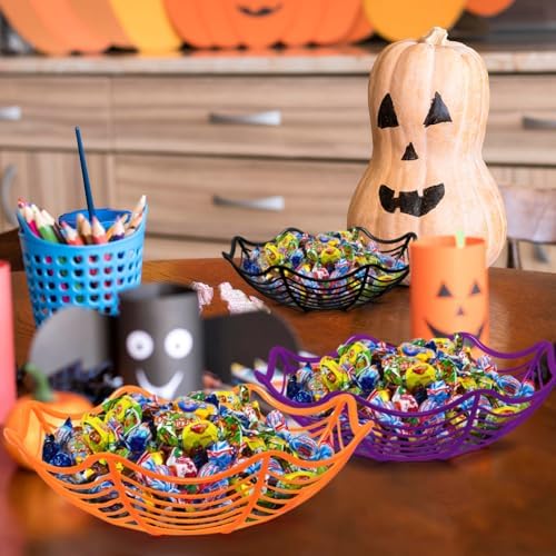 3 Pack Halloween Spider Web Candy Bowls, 11 Inch Plastic Cobweb Design Serving Bowls in Orange, Black, and Purple for Halloween Party Decor, Trick-or-Treating, Food Candy Trays, and Table Centerpieces