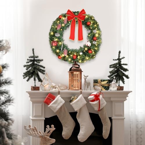 VINGLI 24 Inch Christmas Wreath Prelit Front Door Battery LED Decor Green