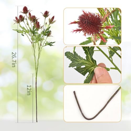 Artificial Thistle Spray Eryngium Flowers 2pcs Artificial Real Touch Eryngium Artificial Sea Holly Flowers for Wedding Bridal Bouquet Wreath Table Centerpiece Outdoor Decor (Red)