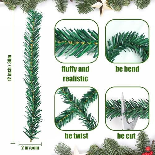 Uieke 100 Pcs Christmas Garland Ties Artificial Pine Needles Garland Faux Pine Greenery Stems 12’’x2 Twist Wired Tree Branches Wreath Tie for Craft Gift Wrapping Party Supply Christmas Decoration