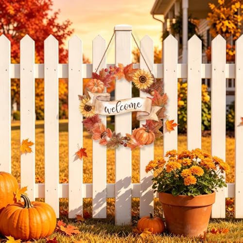 Fall Welcome Wreath Sign Wooden Maple leaves Pumpkins for Front Door