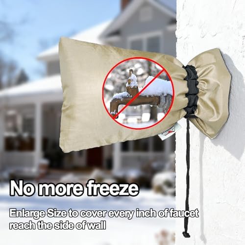 Enlarge Outdoor Faucet Cover for Winter Freeze Protection, 3M Thinsulate, 10"H x 6.3"W Hose Bib for Wall Taps Outside, Waterproof & Frost Free Insulated Spigot, 2 Pcs Faucet Socks - Sand