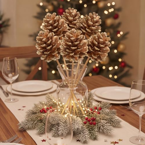 Thiccywoov 24 Pcs Christmas Pine Cone Pick Decoration for Tree Gold 3.15 in