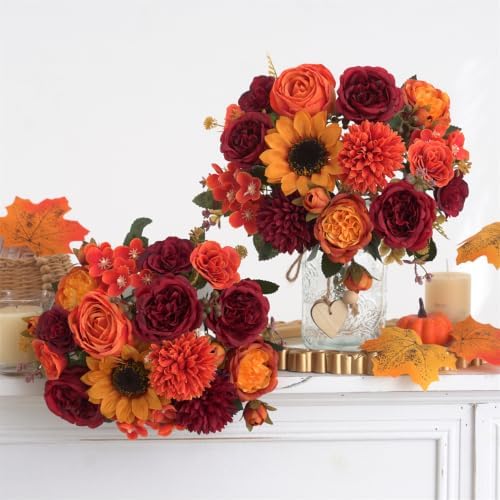 4 Pcs Mixed Autumn Artificial Peony Flower Set-2 Bouquets & 2 Stems, Burnt Orange Wine Red Fake Peony Sunflower Silk Flower for Fall Table Centerpiece Farm Wedding Thanksgiving Halloween Home Decor