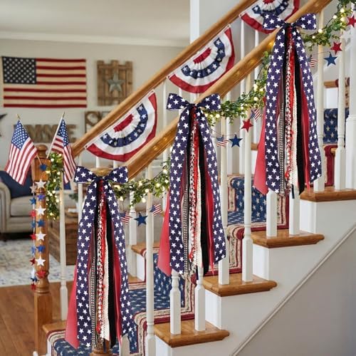 Patriotic Bow for Wreaths, 27.5" Red White Blue 8-Layer Wired Ribbon, Clip-On Stars Stripes Memorial Veterans Independence Day Front Door Decor