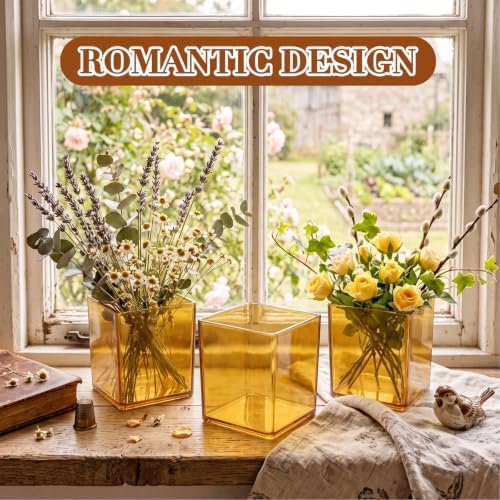 Tioncy 12 Pcs Amber Square Vase 5'' x 5'' Acrylic Flower Plastic Vases for Centerpieces Acrylic Cube Plastic Container Bulk Succulent Pots Planters for Plant Wedding Home Office Floral Decor