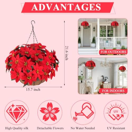 Set of 2 Artificial Poinsettia Hanging Baskets, UV Resistant Fake Red Christmas Flowers, Faux Xmas Floral Arrangement for Front Porch Patio Outdoor Holiday Decor