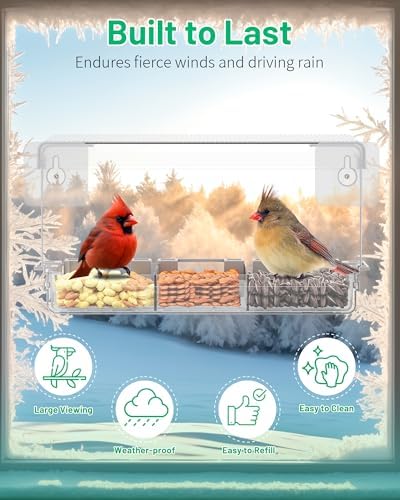 Clear Window Bird Feeder Outdoors - Bird Feeder for Viewing with 5 Perching Stands, Wavy roof, Self-Adhesive Hooks, Drain Holes and Removable Tray, as a Birdhouse, Garden Decor