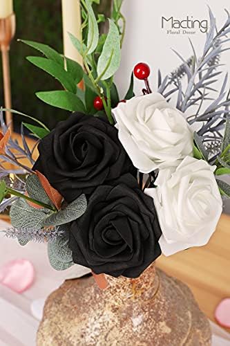 30PCS Black and White Artificial Roses with Stems, Real Touch Foam Flowers
