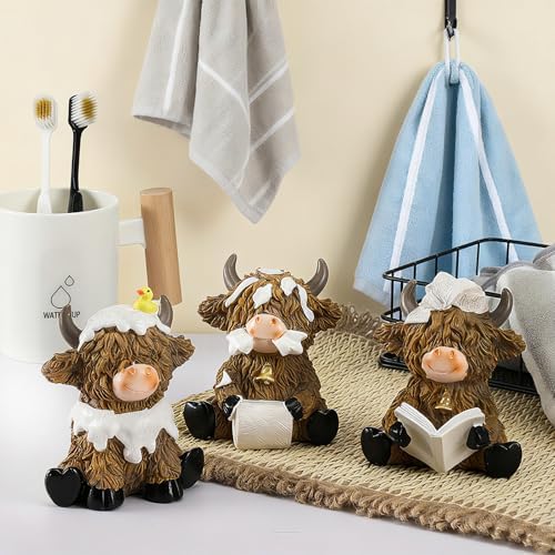 3 Pcs Highland Cow Bathroom Figurines Decor, Resin Bathroom Decor