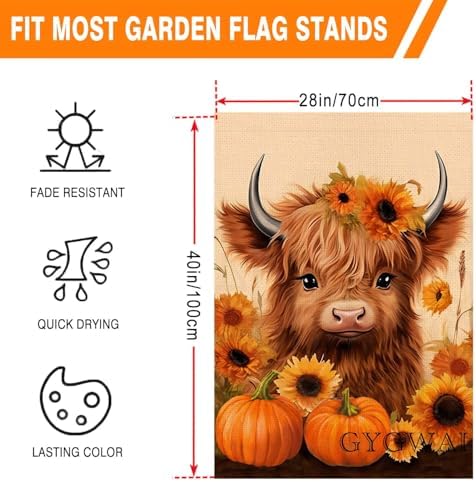 Fall Cow House Flag for Outside 28x40 Inch Double Sided, Burlap Fall Pumpkin Garden Yard Flags for Seasonal Autumn Thanksgiving Holiday Outdoor Decoration