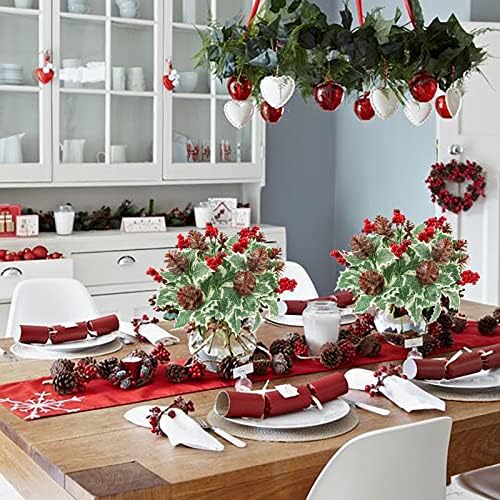4Pcs Artificial Christmas Red Berries Picks 11in Holly Berry Stems Natural Pine Cones for Christmas Home Kitchen Outdoor Garden Thanksgiving Party Holiday Decorations Red
