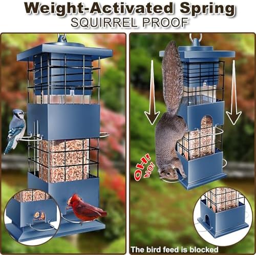 Squirrel Proof Bird Feeder, 3.5Lb Metal Bird Feeders for Outdoors Hanging, Weight Activated Birdfeeder with 4 Ports for Outside, Cardinal Finch Bluebird,Pigeon and Rat Resistant (Blue)