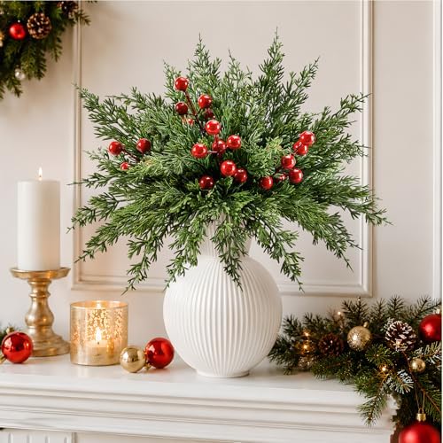 45PCS Artificial Christmas Pine Branches with Red Berry Stems
