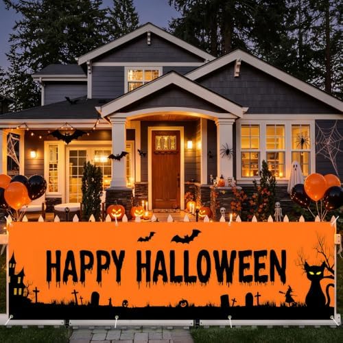 118"x35" Extra Large Happy Halloween Banner Big Spooky Halloween Backdrop for Giant Outdoor Yard Easy Hang with Ropes&Grommets–Perfect for Fence, Porch, Garden, Haunted House Party Signs (Orange Silhouette, 118"x35")