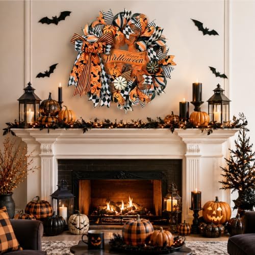2 Pcs Halloween Wreaths for Front Door, Halloween Wreath with Ribbon Bow