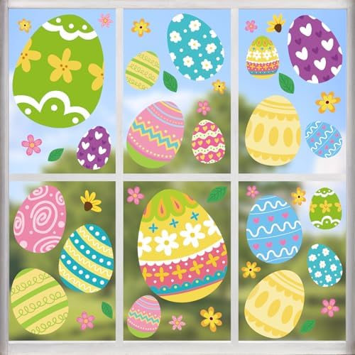 Happy Easter Egg Window Clings 6 Sheets, Green Pink Blue Easter Eggs Window Decals Stickers for Home Classroom Party Decorations Supplies, Reusable Spring Flowers Cling for Windows (Eggs)