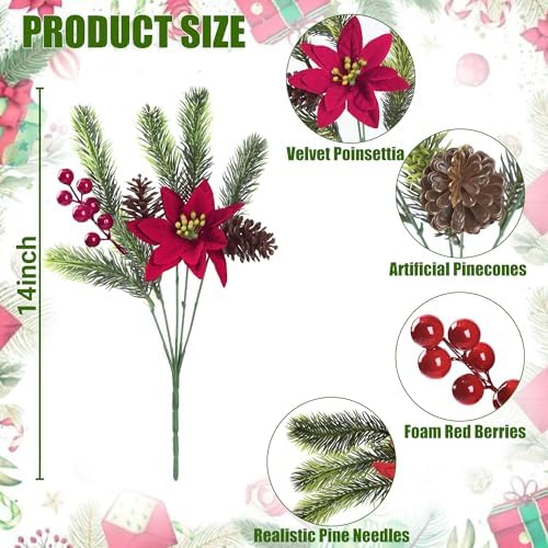 Sggvecsy 6Pcs Christmas Flowers Artificial Pine Branches Poinsettia Floral Picks 14’’ Red Berry Stems with Pinecones for Home Porch Garden Indoor Outdoor Holiday Xmas Decorations