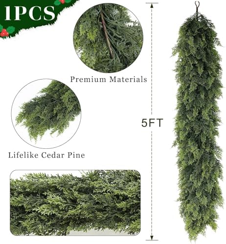 5FT 1Pcs Lifelike Touch Artificial Christmas Cedar Garland for Mantle Decor