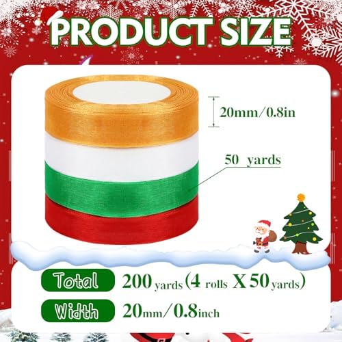 DECYOOL 4Rolls Christmas Ribbon for Holiday Gift Wrapping Organza Chiffon