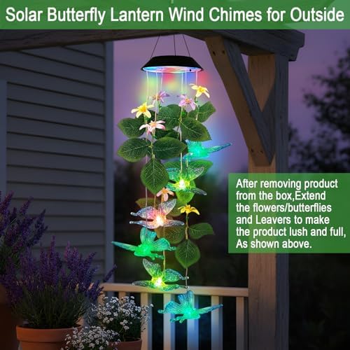 Solar Butterfly Wind Chime Mobile Lights,Color Changing LED Dangler Outside