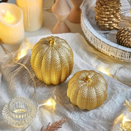 FESTGLOX Pumpkin Fall Decor Indoor, 2Pcs Resin Gold Pumpkin for Decorating