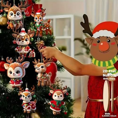 24 Pcs Cute Reindeer Christmas Tree Hanging Ornaments 2D Flat Wooden Pendant Ornament Xmas Cartoon Elk Christmas Hanging Ornaments for Home Holiday Party DIY Decoration