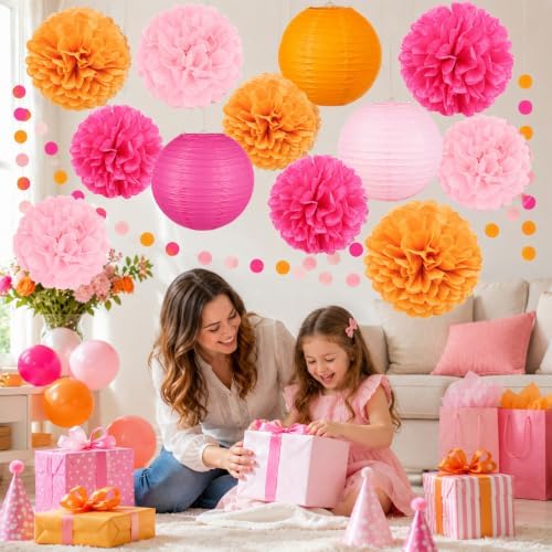 14 Pcs Pink Orange Party Decorations, Pom Poms, Paper Lanterns, Garlands